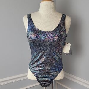 SALT LIFE NeW Black Metallic Rainbow Mermaid 80s One Piece Bathing Swim Suit M